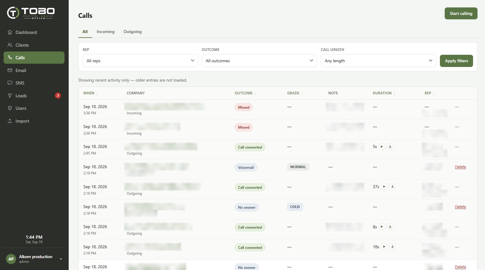 Tobo Capital Office (CRM / dialer) screenshot